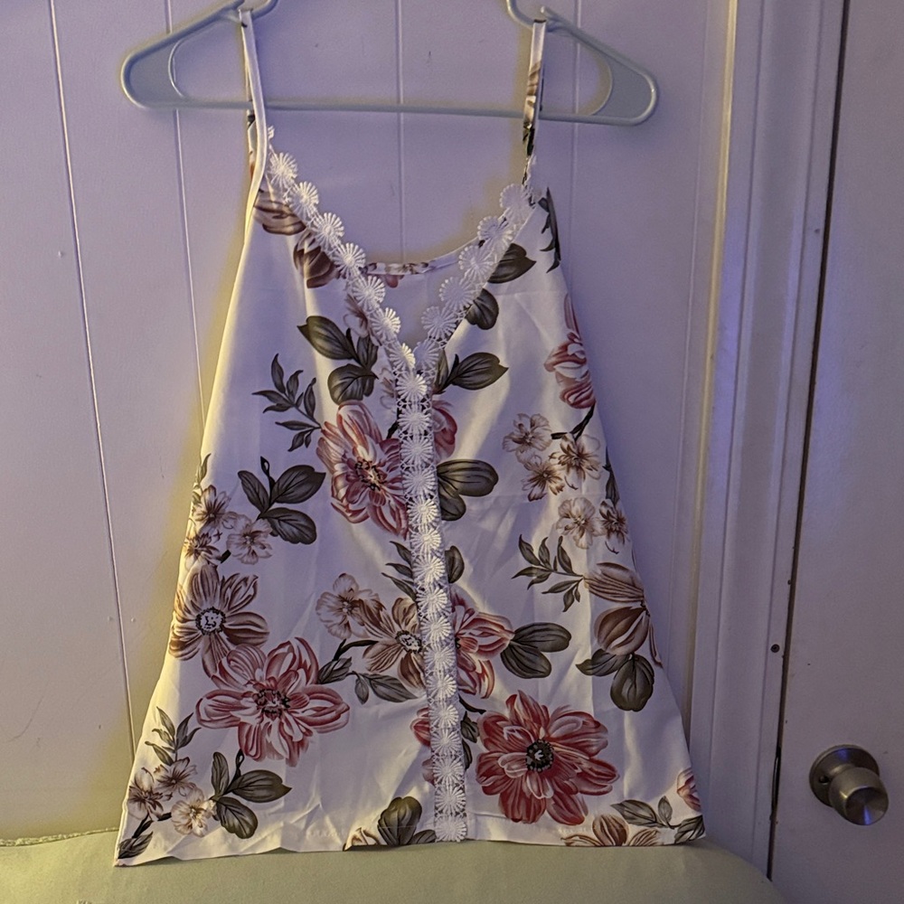 Floral Lace-Trim Camisole Tank Top - White with Pink & Green Floral